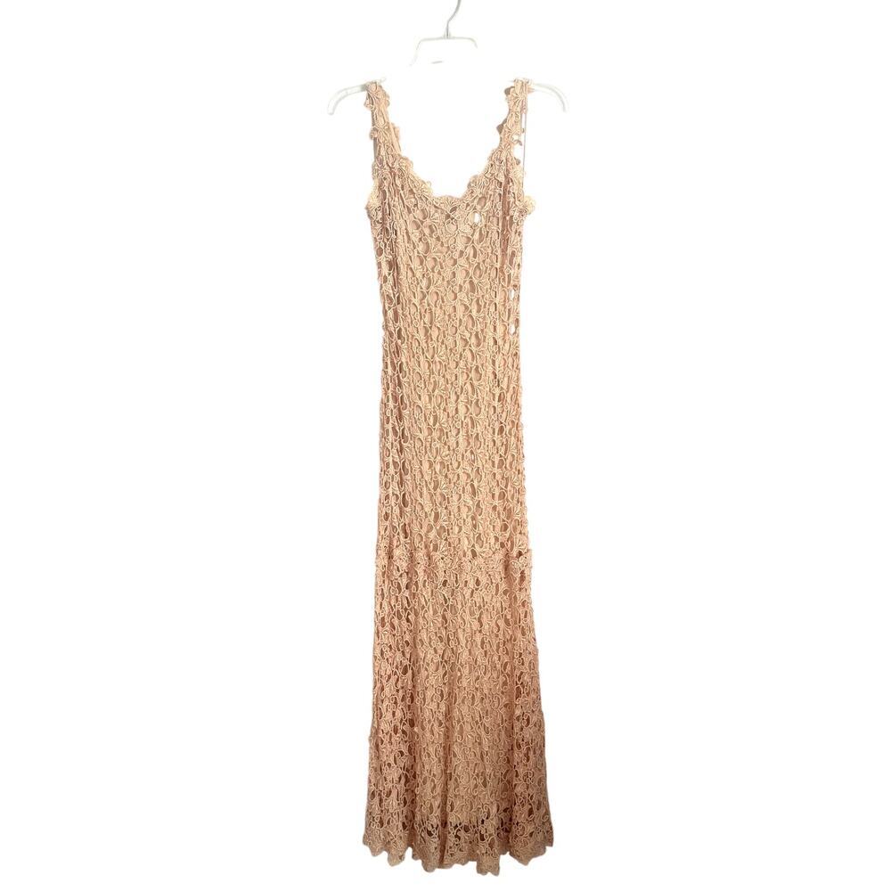 Vintage 90s FRIVOLE Lace Crochet Beige Silk Maxi Dress Strap Wedding Bride Sz 6